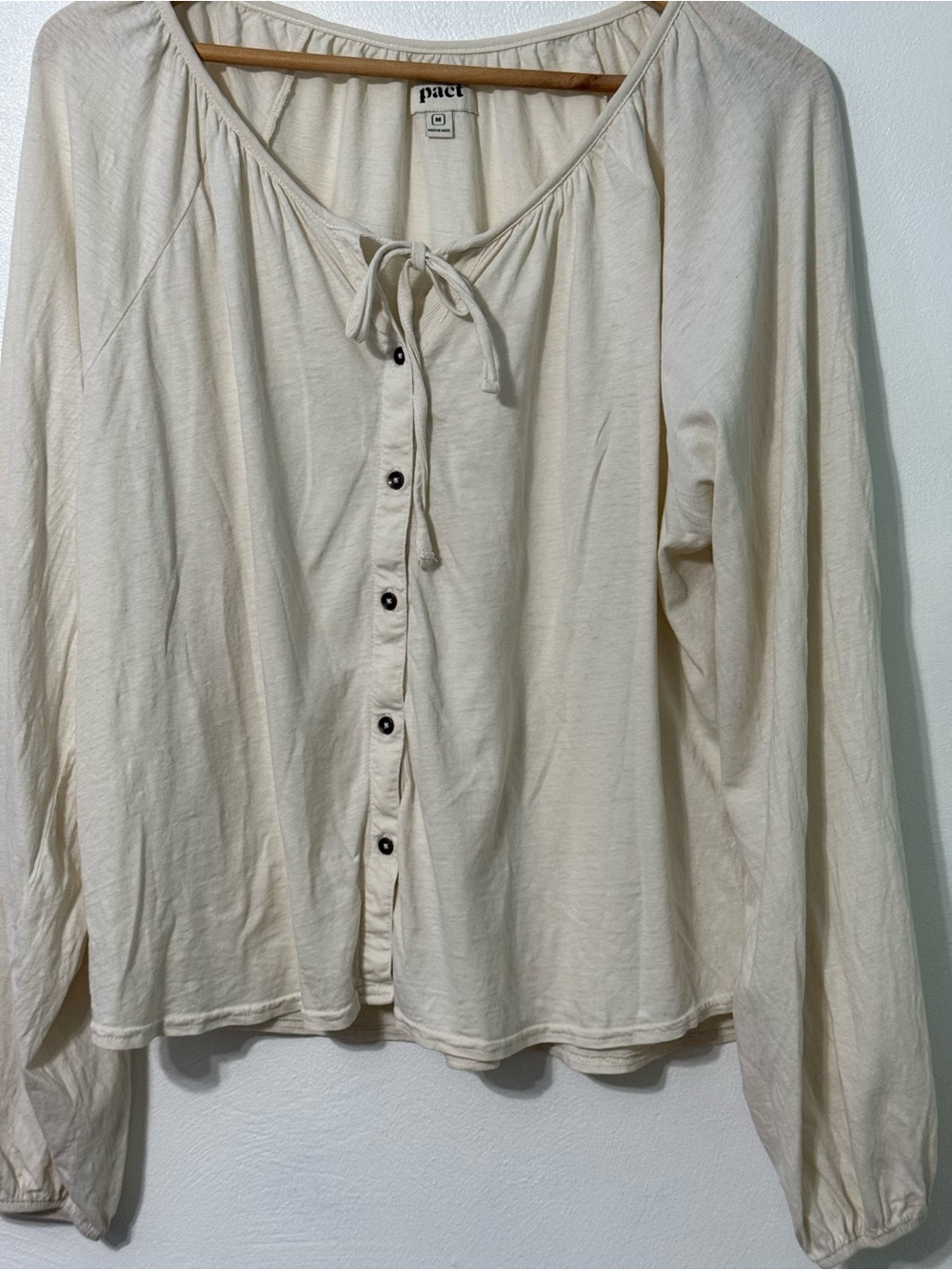 Pact Cream Button-Front Tie-Neck Long Sleeve Top organic cotton linen blend M